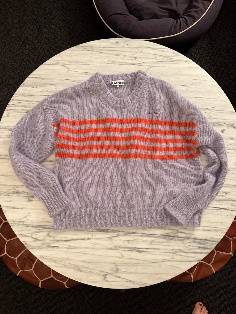 Ganni Lavender Crewneck Sweater with Orange Stripes